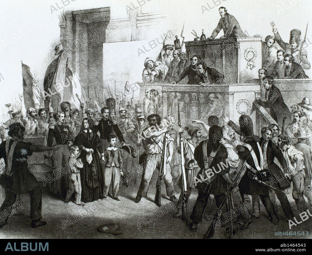 REVOLUCION LIBERAL DE 1848. FRANCIA. Levantamiento popular de estudiantes, trabajadores y Guardia Nacional para forzar la abdicación del rey Luis Felipe I de Orleans y proclamar la II República (Jornadas del 22 al 24 de febrero). "ASAMBLEA NACIONAL INVADIDA POR EL PUEBLO, EL 24 DE FEBRERO DE 1848". Grabado de la época.