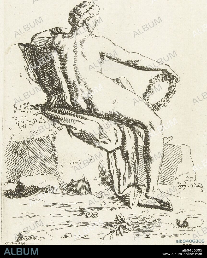 A naked woman seen from behind is sitting on a rock covered with a cloth. In her hand she is holding a wreath of flowers, Naked woman with a wreath of flowers., print maker: Pieter Bodart, (mentioned on object), intermediary draughtsman: Gerard Hoet (I), (mentioned on object), Netherlands, 1723, paper, etching, h 198 mm × w 132 mm.