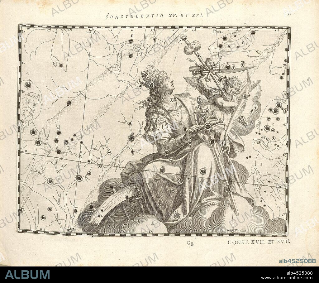 Sagitta, Aquila, Constellations Arrow and Eagle, Constellatio XV et XVI, p. 57, Bayer, Johann; Kager, Johann Matthias; Kilian, Lucas; Schecks, Kaspar, 1627, Julius Schiller: Coelum stellatum christianum (...). Augustae Vindelicorum [Augsburg]: praelo Andreae Apergeri, 1627.