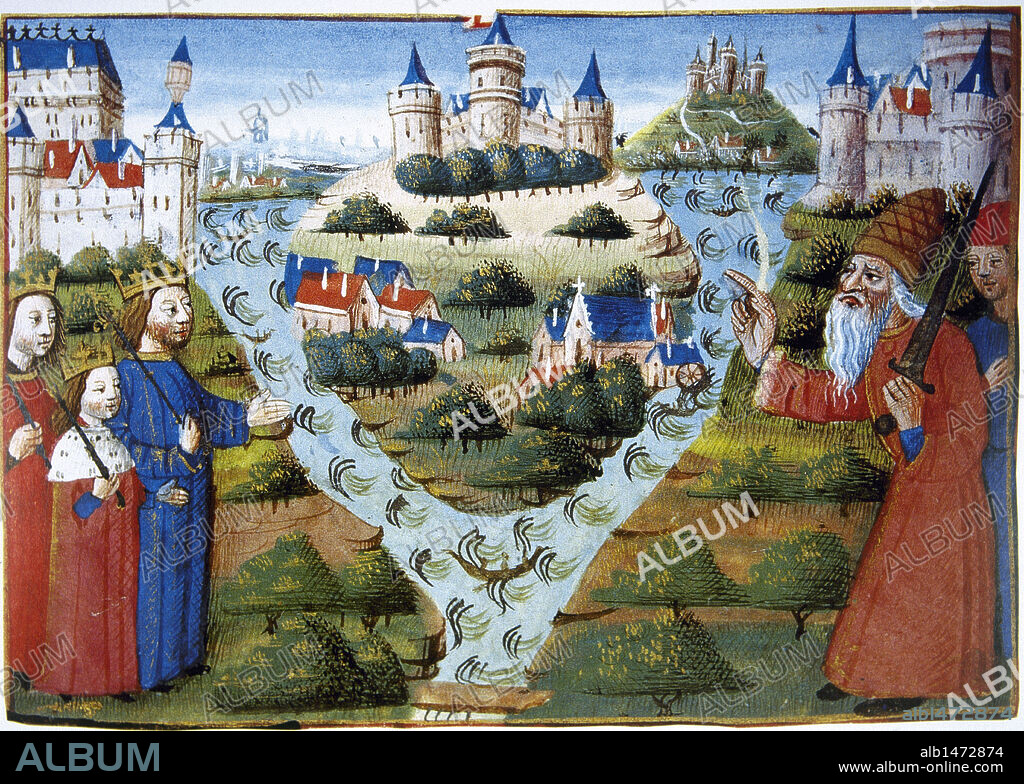 TRATADO DE VERDUN (843). Acuerdo negociado entre los hijos de Luís el Piadoso, Lotario I, Luis el Germánico y Carlos el Calvo, para repartirse los territorios del Imperio Carolingio, en virtud del cual Lotario recibió, además, el título imperial como hijo primogénito. Miniatura perteneciente a las "Croniques des rois de France". S. XV.