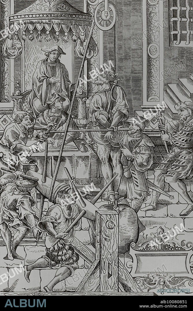 Escena de tortura medieval. La Estrapada. Vueltas en el tormento de mancuerda. La tortura consistía en apretar de forma gradual las ligaduras del reo mediante el giro de una rueda, hasta obtener su confesión o poner en riesgo su vida. Facsímil de un grabado en "Praxis Criminalis Persequendi", de J. Millaeus, publicado en París en 1541. "Moeurs, usages et costumes au moyen-âge et à l'époque de la Renaissance", por Paul Lacroix. París, 1878.