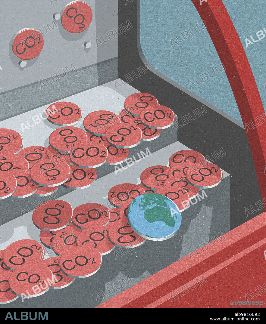 Planet earth and CO2 coins falling in coin pusher game.