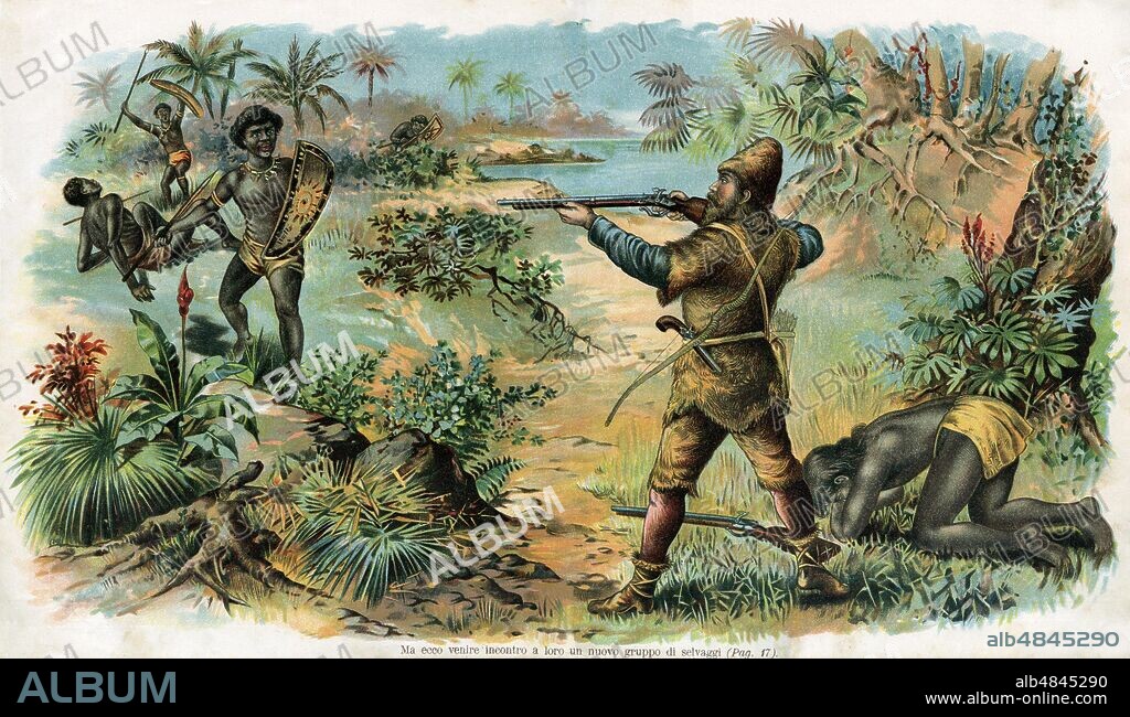 ROBINSON CRUSOE 'But here is a new group of savages coming to meet them'. After twenty-two years of solitary life, the castaway does not hesitate to consume the soaring stocks of gunpowder to free the young man designated as a sacrificial victim by a handful of indigenous anthropophagi. Conquering in this way the loyalty and devotion of the one who will be for the rest of his life the companion of life and adventures, to which he will teach his language and the Christian religion, imposing him the name of 'Friday'. Illustration from the novel by Daniel Defoe (3 April 1660 - 21 April 1731), reduction for children edited by P. Baronio. Rosenberg & Sellier Edition, Turin International Library, circa 1890.