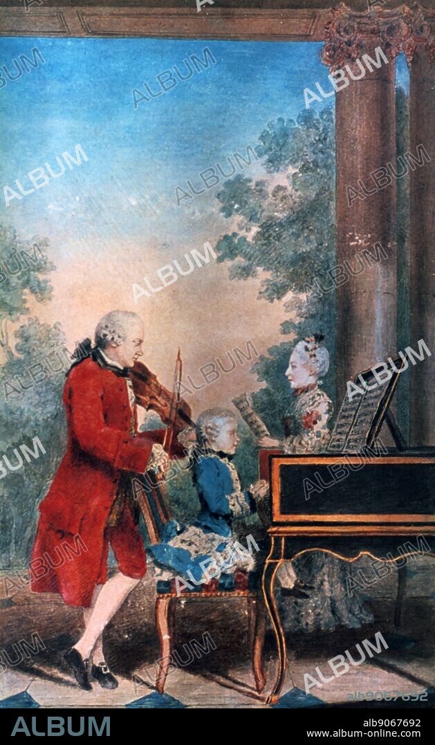 The Mozart family in Paris in 1763. Leopold Mozart (1719-1787) is the violinist, the singer is his daughter Maria Anna (Nannerl) (1751-1829) and his son Wolfgang Amadeus (1756-1791) is at the keyboard.