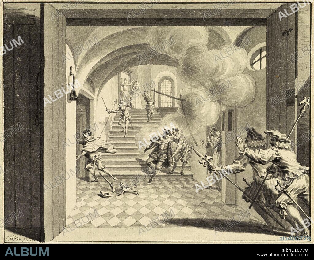 Willem I killed by Balthasar Gerards, Delft 10 July 1584. Draughtsman: Simon Fokke (signed by artist). Dating: 1753. Place: Amsterdam. Measurements: h 149 mm × w 190 mm.