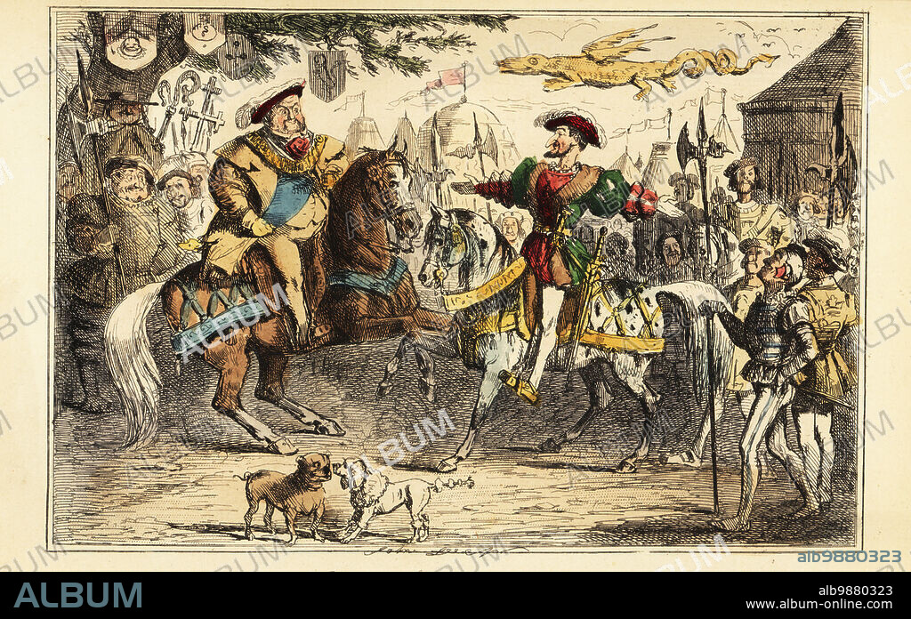 Henry VIII of England meeting Francis I of France on horseback at the Field of the Cloth of Gold, 7 June 1520. Coats of arms hang from trees and knights in armor and heralds gather for a tournament. A gold dragon flies above Francis. An English bulldog meets a French poodle in the foreground. King Henry VIII meeting Francis I. Handcoloured steel engraving after an illustration by John Leech from Gilbert Abbott ABecketts Comic History of England, Bradbury, Agnew & Co., London, 1880.