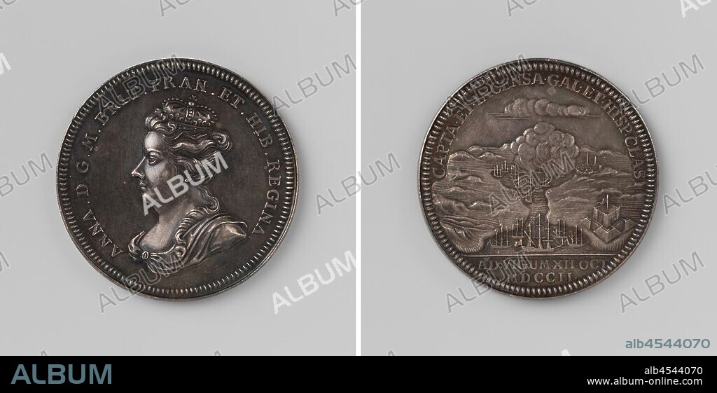 Battle of Vigo (Vigos): the burning of the French and Spanish fleet, Silver Medal. Obverse: bust of woman with crown inside inscription. Reverse: view of Vigo bay with burning ships, Anglo-Dutch fleet lying at the mouth of the bay within the inscription, above the inscription, Vigo, Galicia, Anna Stuart (Queen of England and Scotland), Christian Wermuth, Gotha, 1702, silver (metal), striking (metalworking), d 4.1 cm × w 30.96 gr.