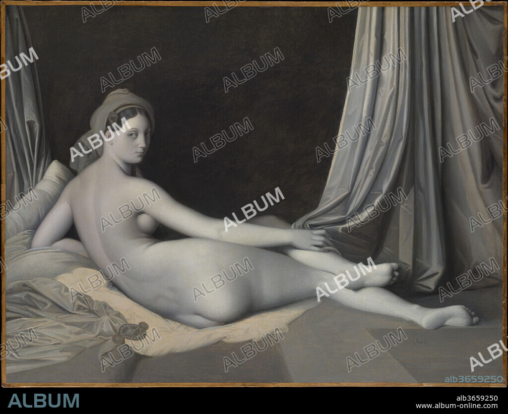 Odalisque in Grisaille. Artist: Jean Auguste Dominique Ingres (French, Montauban 1780-1867 Paris) and Workshop. Dimensions: 32 3/4 x 43 in. (83.2 x 109.2 cm). Date: ca. 1824-34.
This painting is an unfinished repetition, reduced in size and much simplified, of the celebrated <i>Grande Odalisque</i> of 1814 (Musée du Louvre, Paris), a work that was central to Ingres's conception of ideal beauty. Ingres cited it in a list of works he executed in Paris between 1824 and 1834, a period bracketed by lengthy sojourns in Italy. Paintings in shades of gray--<i>en grisaille</i>--were often made to establish variations in tone as a guide to engravers of black and white reproductive prints. As this work has not been linked definitively to known reproductions of the <i>Grande Odalisque</i>, its intended purpose remains uncertain.