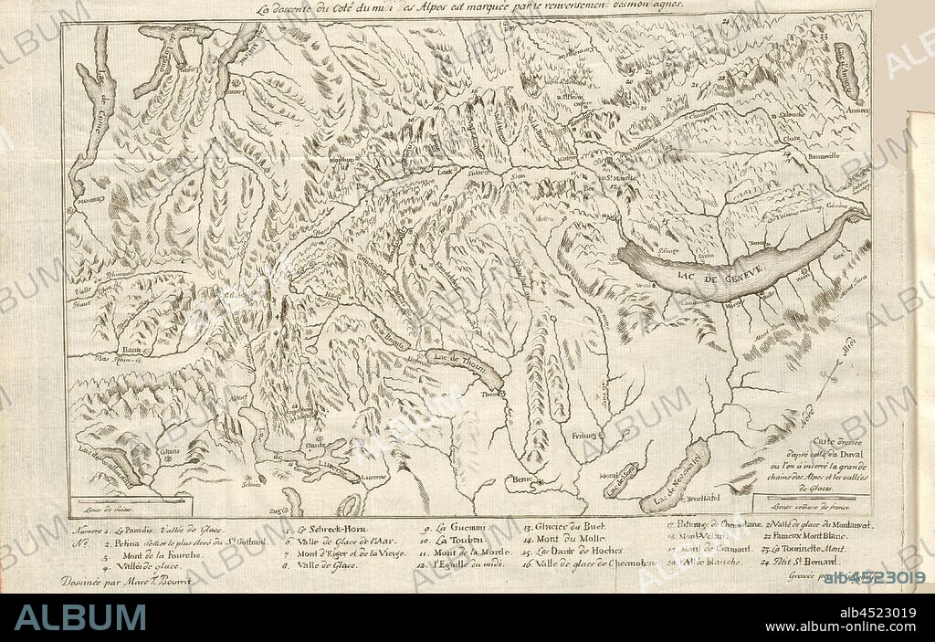 The descent of the Coté du Midi of the Alps is marked by the overthrow of the Montagens, Map: Southern Alps with Rhone Valley and Lake Geneva, Signed: Marc T. Bourrit; C.G. Geisler, etching, integrated into S. XIX (vol. 1), Bourrit, Marc-Théodore (dessinée); Geisler, C. G. (gravée), 1883, Bourrit, Marc-Théodore, Nouvelle description des Alpes. Genève: chez Paul Barde, 1783.
