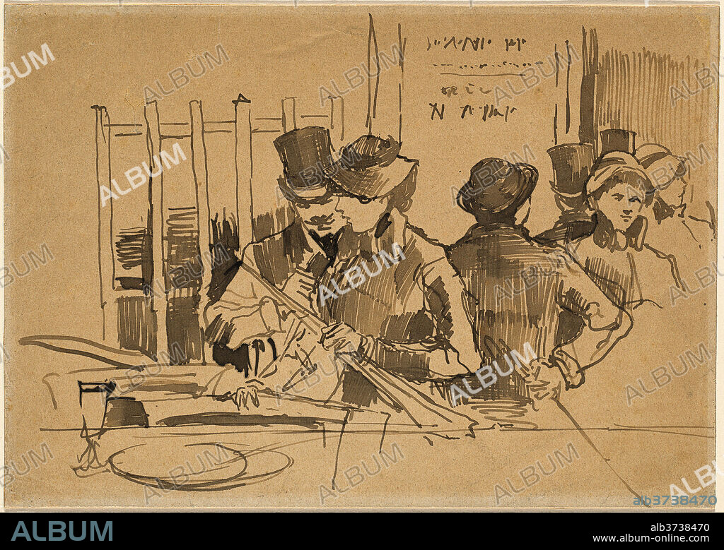 EDOUARD MANET. The Railway Restaurant. Dated: c. 1879. Dimensions: overall: 19.6 x 27.8 cm (7 11/16 x 10 15/16 in.). Medium: pen and brown ink on wove paper laid down.