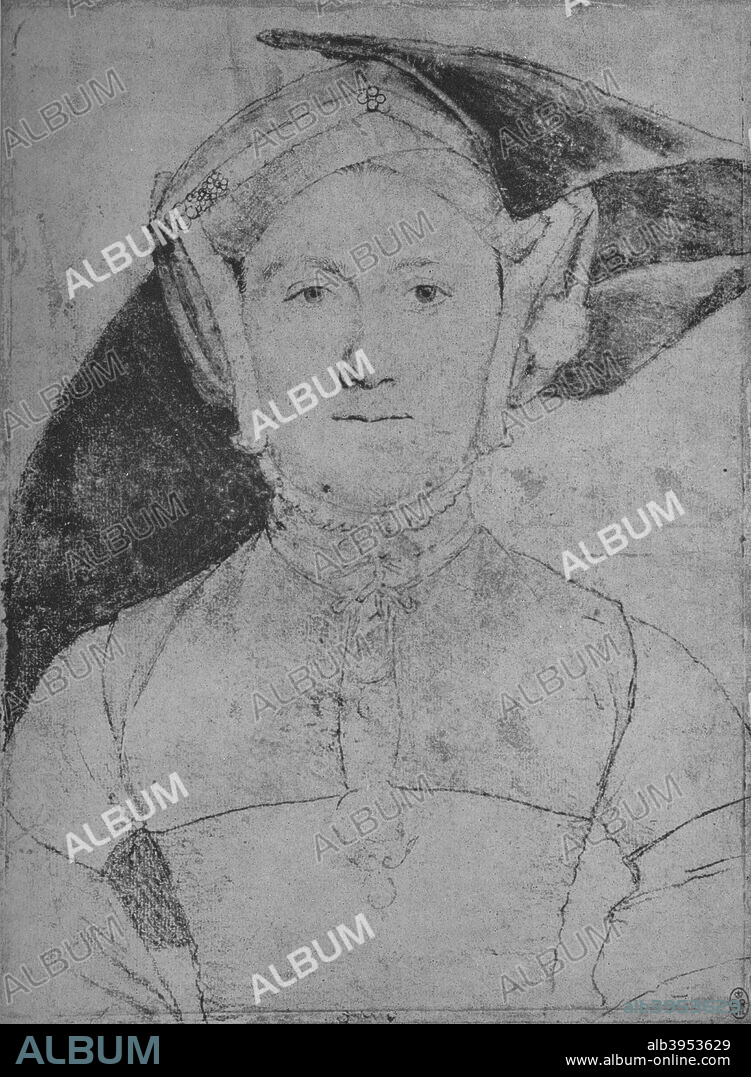 'A Lady: Unknown', c1532-1543 (1945). The drawing is part of the Royal Collection Trust, Windsor Castle. From The Drawings of Holbein at Windsor Castle by K. T. Parker. [The Phaidon Press Ltd, Oxford & London, 1945].