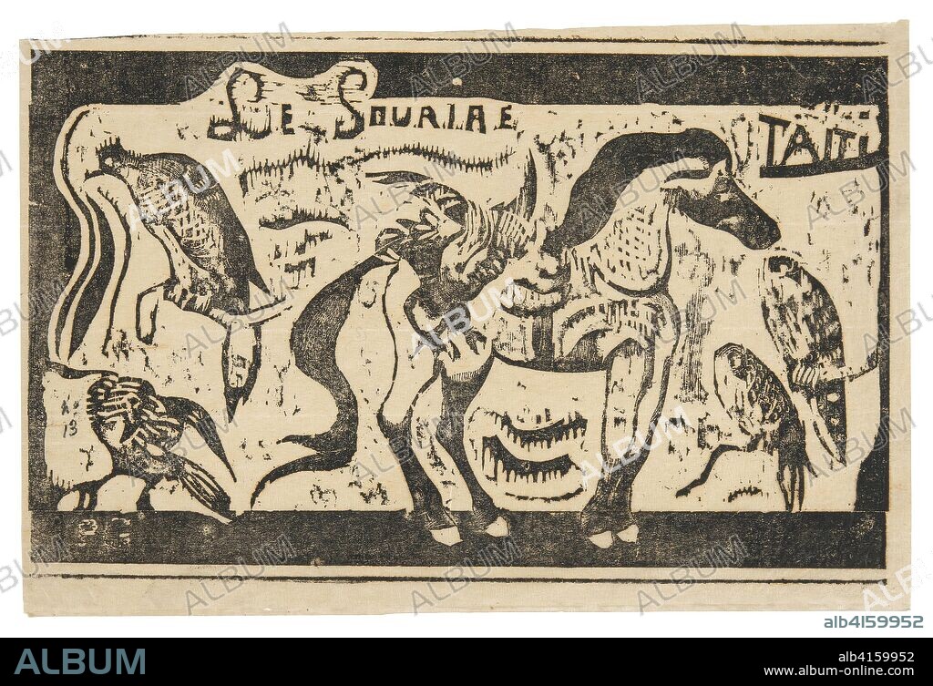 A Horse and Birds, headpiece for Le sourire. Paul Gauguin; French, 1848-1903. Date: 1899. Dimensions: 141 × 221 mm (image); 153 × 230 mm (sheet). Wood-block print in black ink on thin ivory laid Japanese paper. Origin: France.