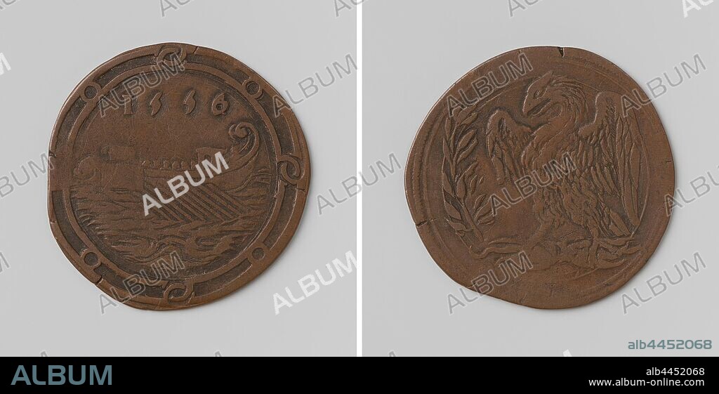 Crossing from Charles V to Spain, Copper Medal. Front: ship at sea below year within decorative border. Reverse: eagle with lightning in claws and leaves in front of him, Spain, Philip II (King of Spain), anonymous, 1556, copper (metal), striking (metalworking), d 2.9 cm × w 4.53 gr.
