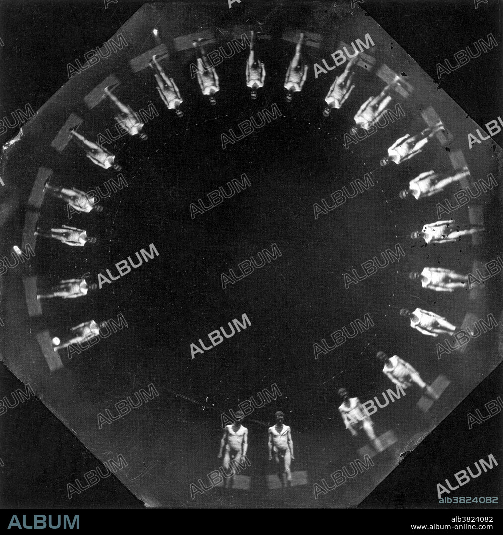 "Marey wheel photographs of John Laurie Wallace (?)" by Thomas Eakins, from 1884.  Artist and photographer Thomas Eakins (1844-1916) did early experiments in high-speed photography at the University of Pennslyvania. He constructed his own equipment to record motion after learning about Etienne-Jules Marey's ideas; the "Marey wheel" he built rotated inside the camera and could capture multiple exposures on one plate.