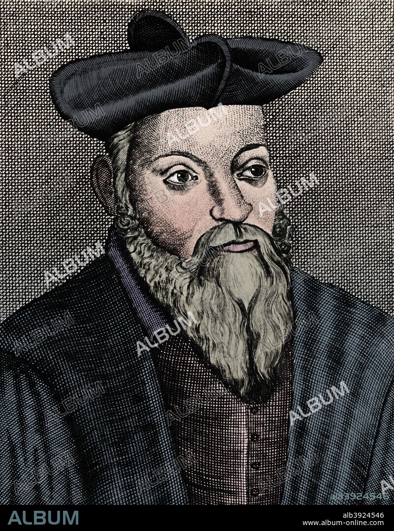 Michel Nostradamus (1503-1556), French physician and astrologer, 17th century. Nostradamus established a reputation as a doctor for producing remarkable cures for victims of the plague in the south of France. In 1555 he published Centuries, a book of prophecies which gained him favour with the French court and which continues to cause fascination to this day. It is claimed that amongst the events Nostradamus predicted are the rise of Hitler, the assassination of Kennedy and the terrorist attacks on the USA on September 11 2001. Sceptics say that his writings are open to many interpretations however. (Colorised black and white print).
