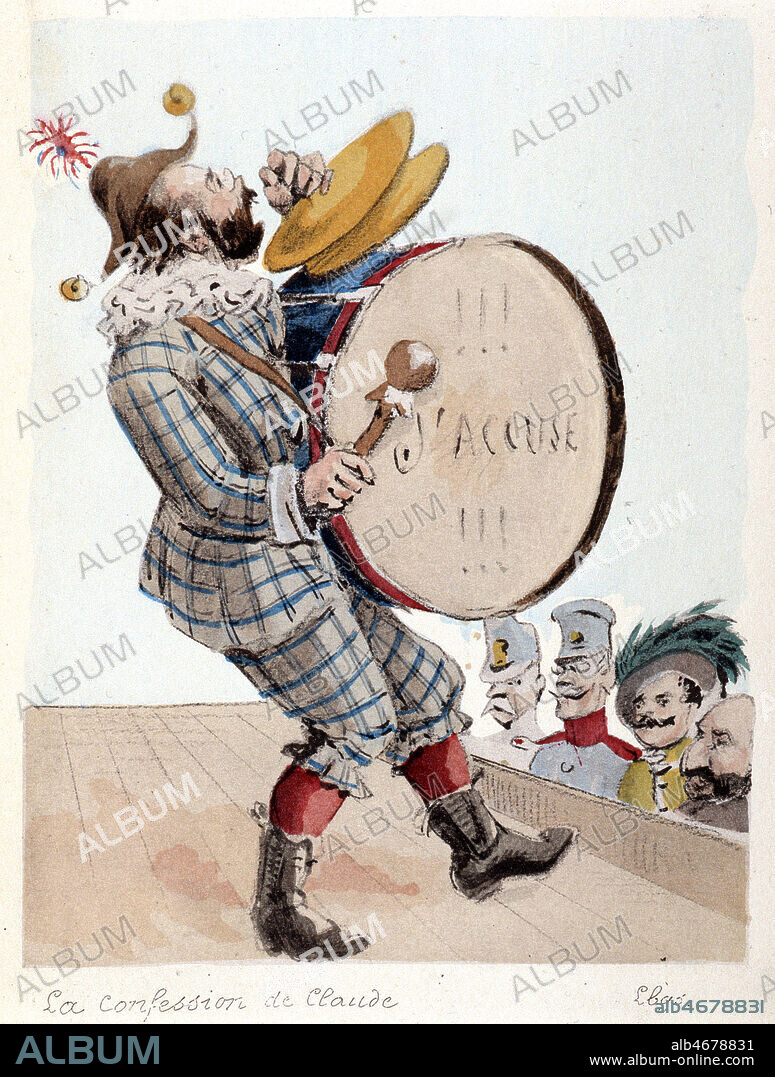'La confession de Claude' (Emile ZOLA caricature au moment de l'affaire Dreyfus). Zola est ici represente annoncant 'J'accuse' par H. LEBOURGEOIS (19-20 s.) in L'Oeuvre de Zola, Paris, 1898. Credit: Collection Grob/Kharbine-Tapabor.