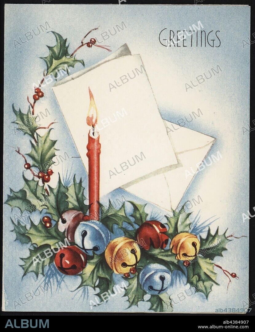 Christmas Card - From Mamie Smith, to Mrs. Brereton & Peggy, Greetings, circa 1950s, Christmas Card made circa 1950s. It features holly with bells and a candle with two pieces of paper behind. It one of a series of cards collected by Mrs. Peg Harris who lived at Tollerton, Templeton Street, Avoca. The card is from Mamie Smith to Mrs. Brereton & Peggy. Margaret 'Peg' Preston Harris (nee Brereton) grew up at 'Tollerton' with her mother Sara Brereton (nee Preston) and father William.