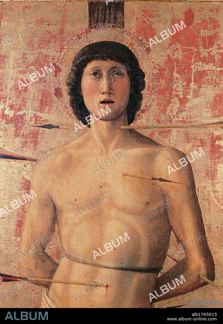 Triptych of St Sebastian, by co-workers and Gentile Bellini, Jacopo Bellini, Giovanni Bellini, 1460-1464, 15th Century, panel gold ground,. Italy, Veneto, Venice, Accademia Art Galleries. Detail. Central compartment with St Sebastian, face and pierced chest of the saint. Authorization required for non editorial use.