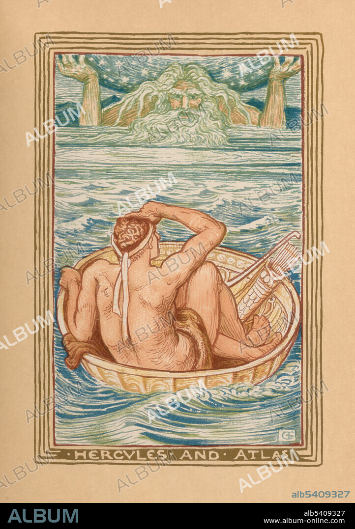 The Three Golden Apples, recounts the story of Heracles (Hercules) stealing the Three Golden Apples from the Hesperides' orchard, with the help of Atlas. After Hercules killed his wife and children, he went to the oracle at Delphi, and prayed to the god Apollo for guidance. Hercules was told to serve the king of Mycenae, Eurystheus, for 12 years. During these 12 years, he is sent to perform twelve difficult feats, called labors. If he succeeded, he would be purified of his sin and, as myth says, he would be granted immortality. Nathaniel Hawthorne (1804-1864) was an American novelist, dark romantic, and short story writer. His, A Wonder-Book for Girls and Boys, first published in 1851, is a children's book in which he retells several Greek myths. Walter Crane (1845-1915) was an English artist and book illustrator. Printed at the Riverside Press, 1893.