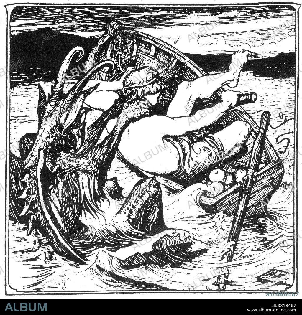 Illustration by H.J. Ford for Hans, the Mermaid's Son from Andrew Lang's The Pink Fairy Book. Mermen are mythical male equivalents and counterparts of mermaids, legendary creatures who have the form of a male human from the waist up and are fish-like from the waist down, having scaly fish tails in place of legs. The actions and behaviour of mermen can vary wildly depending on the source and time period of the stories. They have been said to sink ships by summoning great storms, but also said to be wise teachers, according to earlier mythology. Mermen, just like mermaids, can lure and attract female humans with their enchantingly beautiful, soft melodic and seductive siren-like singing voices and tones. Henry Justice Ford (1860-1941) was a prolific and successful artist and illustrator, active from 1886 through to the late 1920s. Sometimes known as H. J. Ford or Henry J. Ford, he came to public attention when he provided the numerous beautiful.