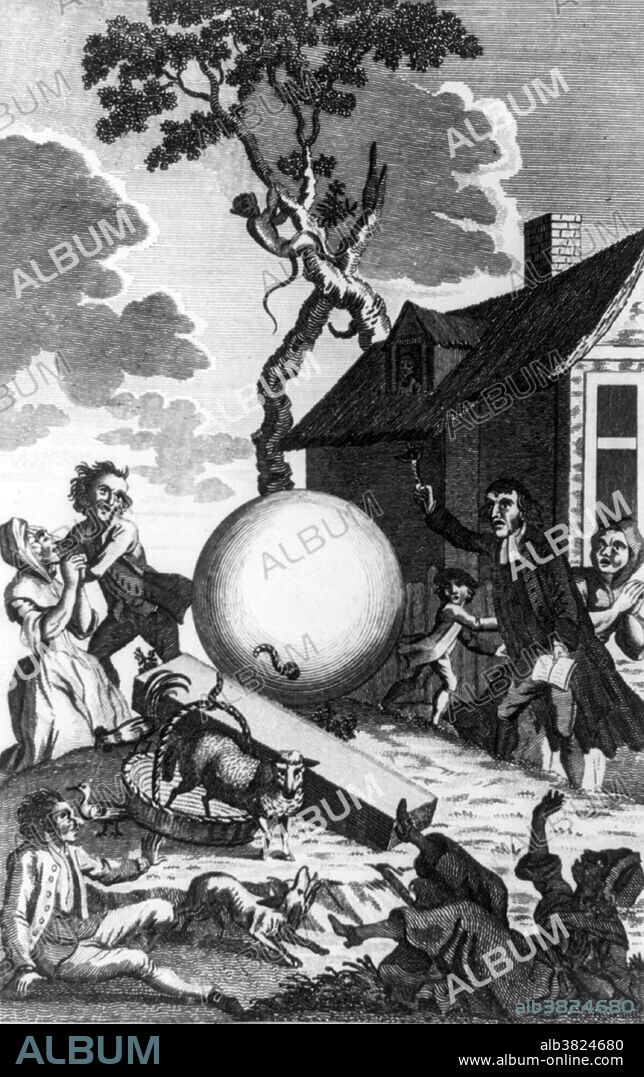 Fanciful depiction of the landing of Etienne Montgolfier's balloon near a cottage at Vaucresson after an eight mile flight from Paris, September 19, 1783, carrying three animals in a basket. The cock, the sheep, and the duck are seen on the ground; the balloon and the animals are being observed by astonished and frightened country people. Joseph-Michel Montgolfier (August 26, 1740 - June 26, 1810) and Jacques-Ã‰tienne Montgolfier (January 6, 1745 - August 2, 1799) were the inventors of the MontgolfiÃ¨re-style hot air balloon, globe aÃ©rostatique. The brothers decided to make a public demonstration of a balloon in order to establish their claim to its invention. On June 4, 1783, they flew their craft in front of a group of dignitaries. Its flight covered 1.2mi, lasted 10 minutes, and had an estimated altitude of 5,200-6,600 ft. They succeeded in launching the first manned ascent, when Ã‰tienne made a tethered flight on October 15, 1783. They were honored by the French AcadÃ©mie des Sciences. Ã‰tienne died in 1799 at the age of 54. Joseph died in 1810 at the age of 69.