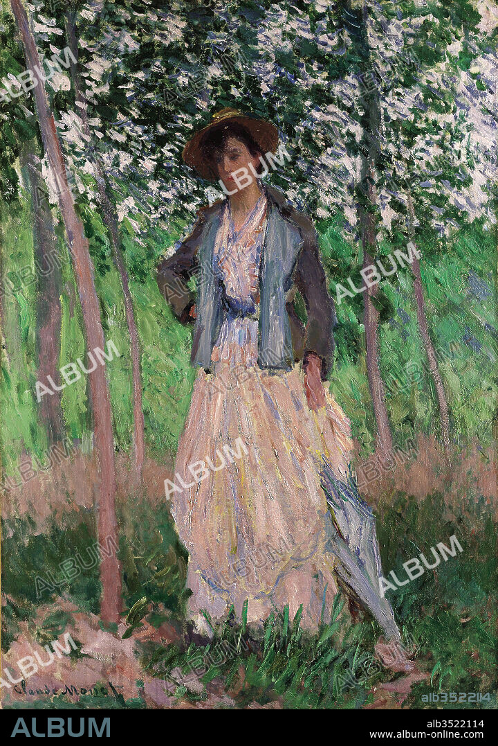 The Stroller (Suzanne Hoschedé, later Mrs. Theodore Earl Butler, 1868–1899), 1887, Oil on canvas, 39 5/8 x 27 3/4 in. (100.6 x 70.5 cm), Paintings, Claude Monet (French, Paris 1840–1926 Giverny), This painting of Suzanne Hoschedé in the meadows just south of Le Pressoir, Monet's home at Giverny, was probably made in the summer of 1887. She became Monet's preferred model in the period after the death of his first wife, Camille, in 1879, and before 1890, when he gave up plein-air figure painting.