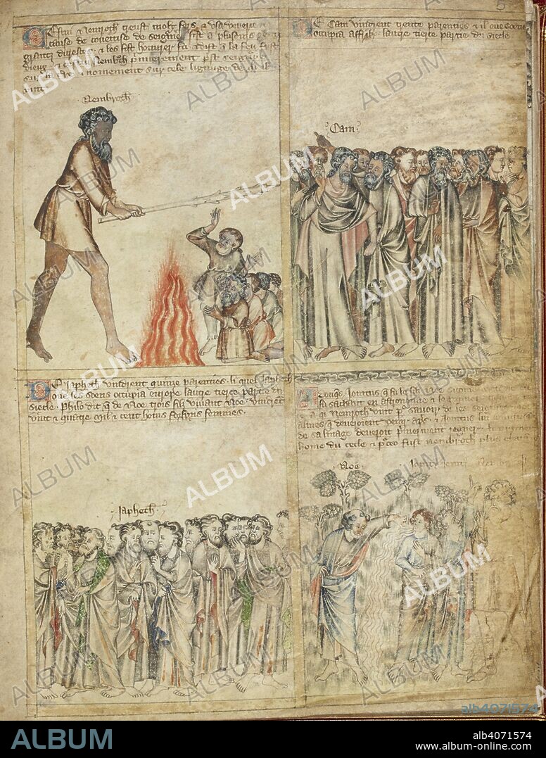 Miniature of Nimrod forcing the people to worship fire; the descendants of Ham and Japheth, and Jonitus, son of Noah, instruct Nimrod. Egerton Genesis Picture Book. England, S.E. or N. (Norwich or Durham?); 3rd quarter of the 14th century. Source: Egerton 1894, f.5. Language: French.
