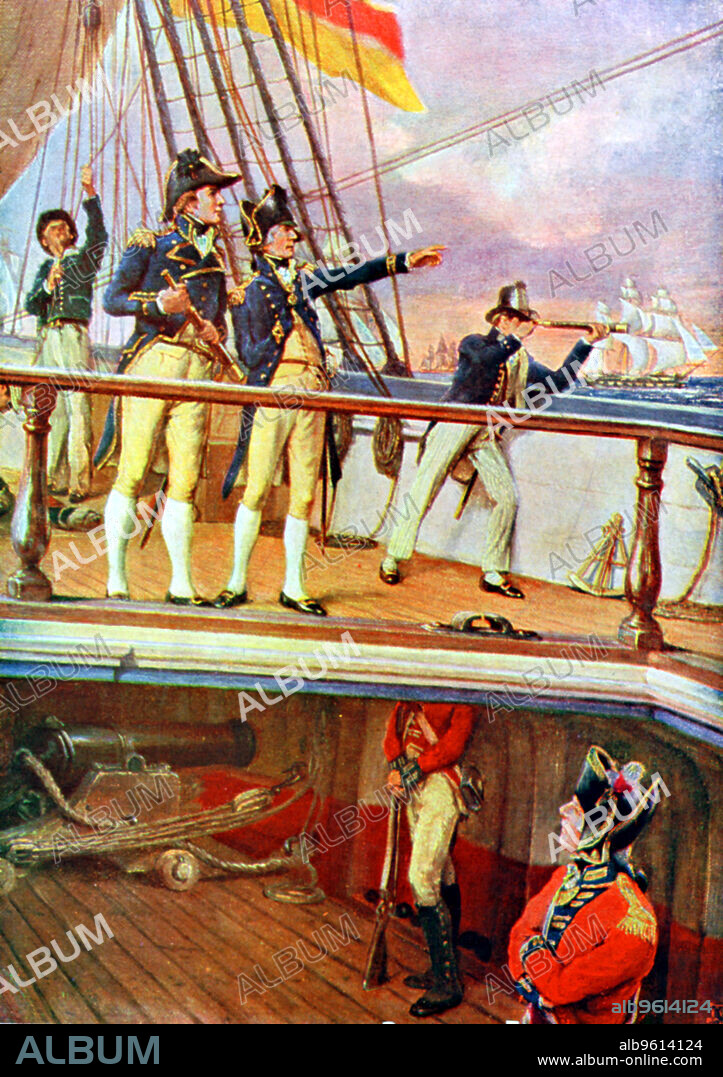Battle of Trafalgar, 21 October 1805. Admiral Lord Nelson (1758-1805) on the deck of 'HMS Victory' during the battle where the British navy decisively defeated the Franco-Spanish fleet. One of Britain's greatest military figures, Nelson was the victor at a number of naval battles in the Napoleonic Wars, including the Battle of the Nile (1798), Copenhagen (1801) and most famously, Trafalgar (1805), where he was fatally wounded by a shot from a French sharpshooter.