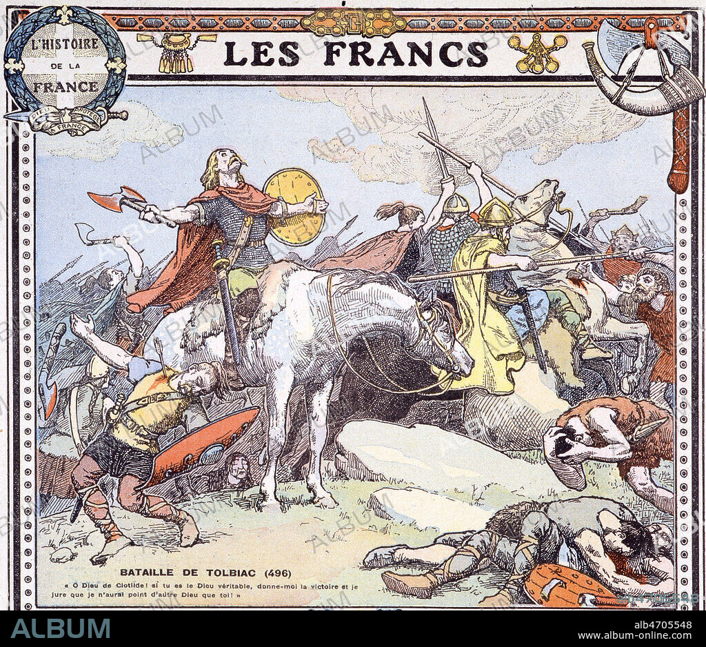 'Les Francs : Bataille de Tolbiac (496)'. Planche tiree de l'Histoire de France publiee par la Maison de la Bonne Presse en 1934. Credit : Collection KHARBINE-TAPABOR.