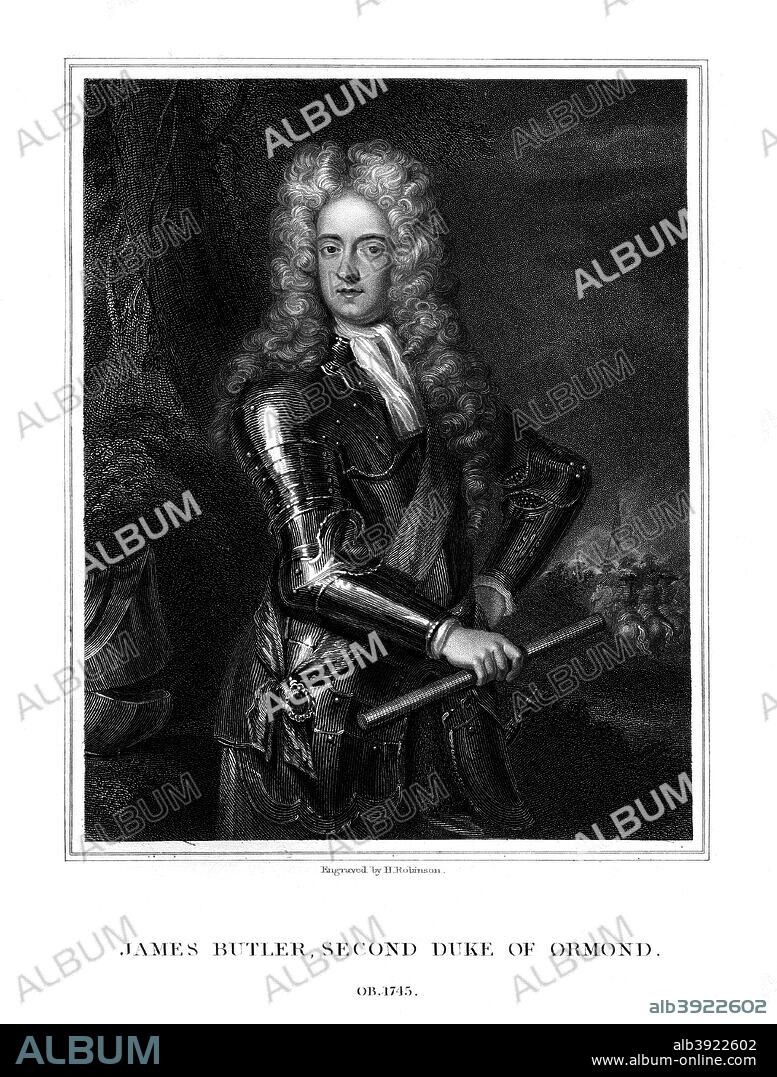 James Butler, 2nd Duke of Ormonde, Irish statesman and soldier, (1831). Butler (1665-1745) took command of a cavalry regiment in Ireland in 1684. On the accession of James II, he served against the Duke of Monmouth. After taking part in the Jacobite rebellion of 1715, Ormonde settled in Spain, and later moved to France.