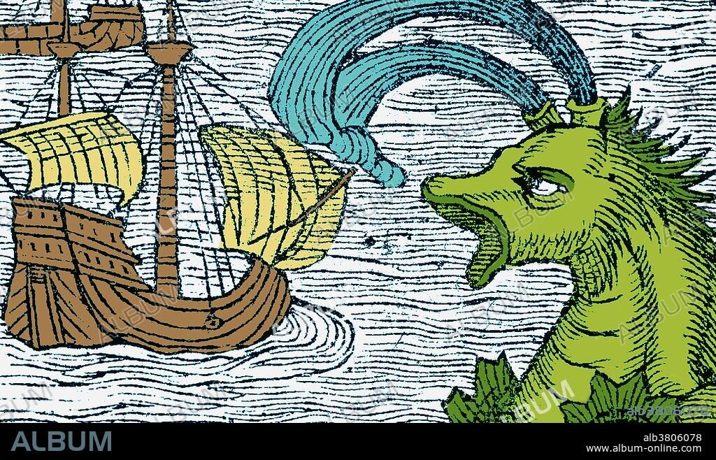 Sea monsters are sea-dwelling mythical or legendary creatures, often believed to be of immense size. Marine monsters can take many forms, including sea dragons, sea serpents, or multi-armed beasts. They can be slimy or scaly and are often pictured threatening ships or spouting jets of water. Image appeared in "Historiae de gentibus septentrionalibus", 1557.