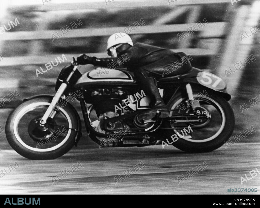 A Norton in action in the Isle of Man TT, 1950. Geoff Duke rode Norton to victory in the Senior TT and second place in the Junior race that year.