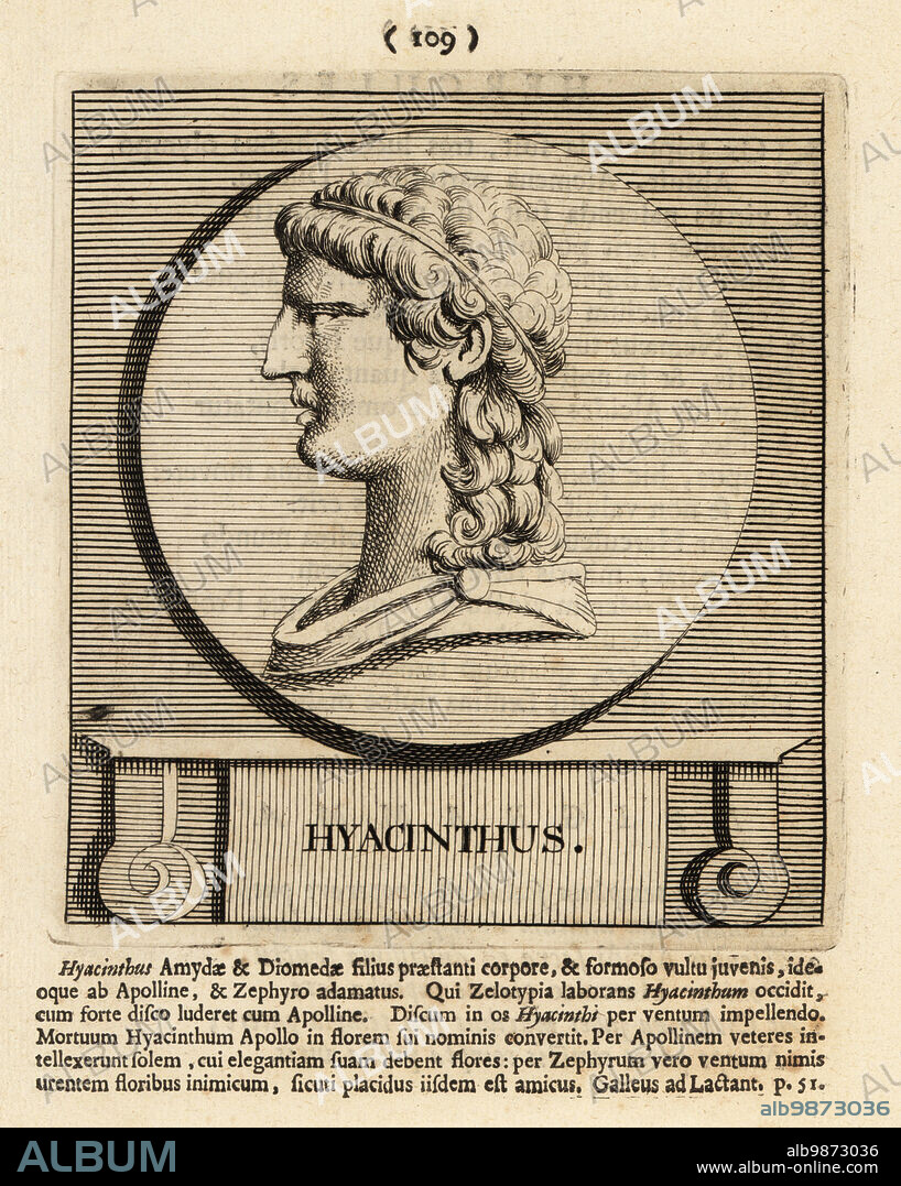 Hyacinth, divine hero and lover of Apollo from Greek mythology.. Hyacinthus. Copperplate engraving by Pieter Bodart (1676-1712) from Henricus Spoors Deorum et Heroum, Virorum et Mulierum Illustrium Imagines Antiquae Illustatae, Gods and Heroes, Men and Women, Illustrated with Antique Images, Petrum, Amsterdam, 1715. First published as Favissæ utriusque antiquitatis tam Romanæ quam Græcæ in 1707. Henricus Spoor was a Dutch physician, classical scholar, poet and writer, fl. 1694-1716.