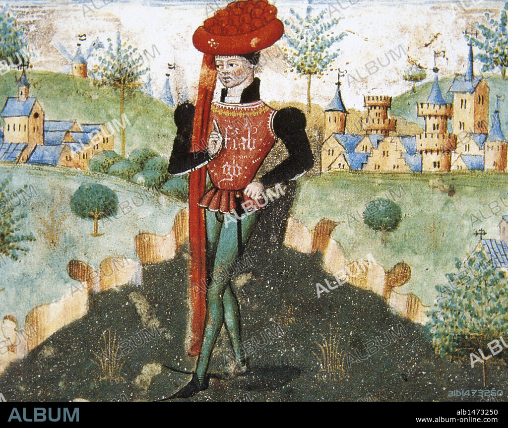 SOCIEDAD MEDIEVAL. "JOVEN CABALLERO Y CHAMBELAN DEL DUQUE DE BORBON" Miniatura del "Libro de las Cien Baladas", fechado en el siglo XV. Castillo de Chantilly. Francia.
