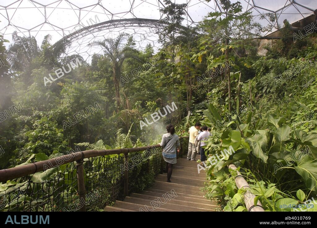 Inside the Humid Tropics Biome, Eden Project, near St Austell, Cornwall. The brainchild of Tim Smit, the Eden Project is an environmental and educational complex designed to demonstrate the interdependence of people and plants and the importance of conservation. Built in a disused china clay pit north of St Austell it consists of two large conservatories, or biomes, as well as exterior plantings and sculptures. The larger of the biomes contains plant species from the humid tropics while the other is devoted to species from warm temperate environments such as the Mediterranean and South Africa. The complex opened in March 2001 since when it has become one of the most popular tourist attractions in Britain.