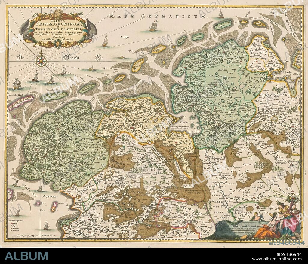 Map of Friesland and Groningen, Tabula Frisiae, Groningae et territorii Emdensis (...) (title on object), Top left title cartouche, bottom left legend. Bottom right two scale bars: Milliaria Germanica communia 15 uni grad:, Milliaria Belgica sive hore itineris. Next to it two female figures, one holding the horn of plenty, and two putti. Degree distribution along the edges., print maker: anonymous, publisher: Nicolaes Visscher (I), (mentioned on object), Staten-Generaal, (mentioned on object), Amsterdam, in or after 1677, paper, engraving, etching, height 438 mm × width 550 mm.