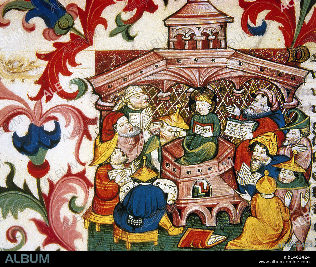 "JESUS A LA EDAD DE DOCE AÑOS HABLA CON LOS DOCTORES DEL TEMPLO DE JERUSALEN". Miniatura del siglo XV. Castillo de Chantilly. Francia.