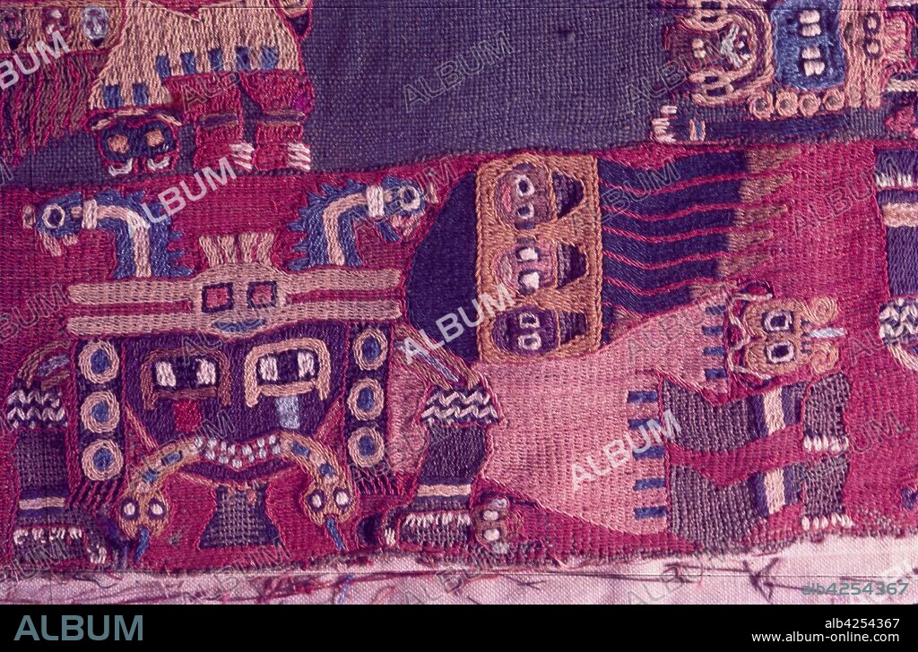 Paracas textile, cloth, depicting  zoomorphic winged figures. The Paracas culture was an Andean society existing between approximately 800 BCE and 100 BCE. Investigated by Peruvian archaeologist, Julio Tello, in the 1920s.
