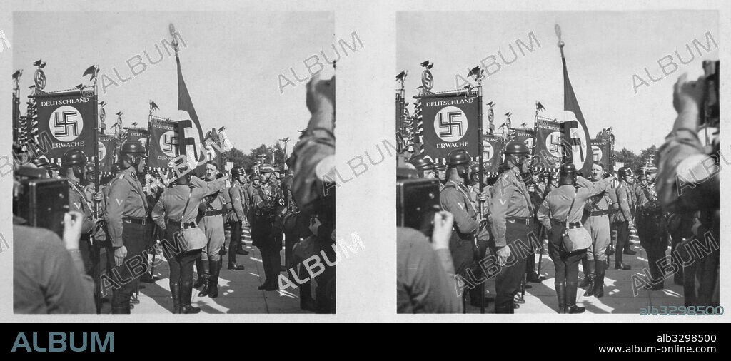 Adolf Hitler inspects the unit leaders at the 1936 Nuremberg Rally of Honour.