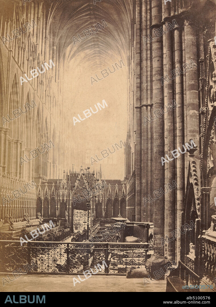 Central Nave, Westminster Abbey, unknown artist, nineteenth century, undated, Albumen print on thin, smooth, cream wove paper, Sheet: 4 1/4 × 3 1/8 inches (10.8 × 7.9 cm) and Mount: 9 7/8 × 8 inches (25.1 × 20.3 cm), architectural subject, England, London, Westminster Abbey.