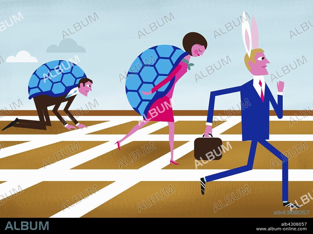 Businessman wearing hare ears winning race with business people in tortoise shells.