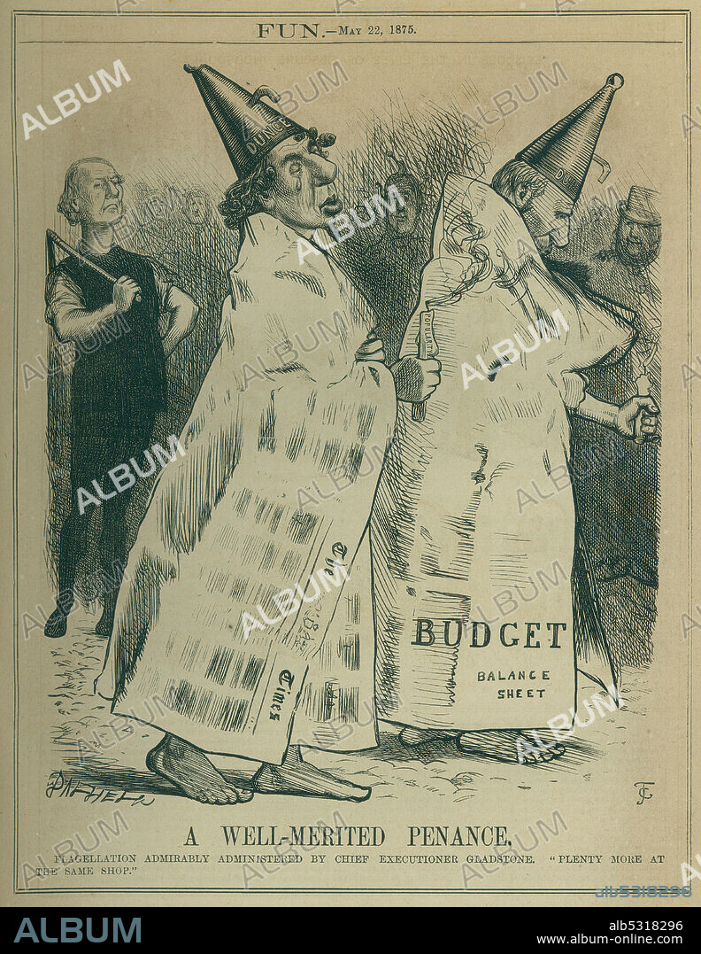 William Ewart Gladstone (1809-1898), político liberal británico, caricaturizado de verdugo, criticando el periódico londinense The Times. Flagelación administrada admirablemente por el principal verdugo Gladstone. Mucho más en la misma tienda. Dibujo satírico-político publicado en el periódico Fun en 1875. Caricatura de William Ewart Gladstone (1809-1898), político liberal británico.