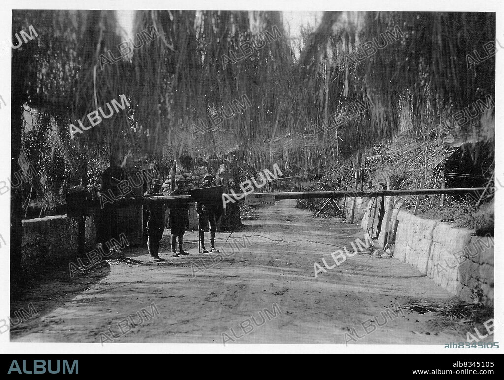 Roadblock on a masked military road. WWI. Poster, Postcard, Newspaper. Propaganda of the Italian army in the First World War. 1915, 1918.