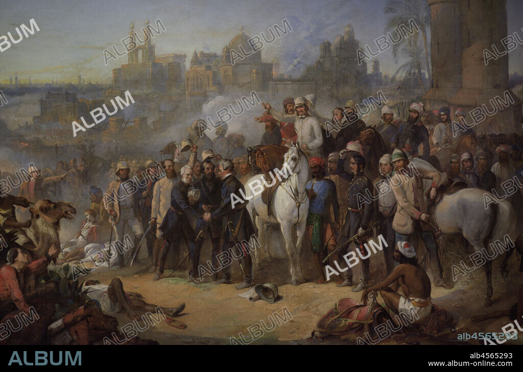 THOMAS JONES BARKER (1815-1882). ENGLISH PAINTER.. British Empire. Asia. Indian Mutiny, 1857. The Relief of Lucknow. Three central figures depict, from left to right: Sir Henry Havelock (1795-1857), Sir James Outram (1803-1863) and Sir Colin Campbell, Baron Clyde (1792-1863). Painting by Thomas Jones Barker (1815-1882). Oil on canvas (105,4 x 181,3 cm), 1859. Detail. National Portrait Gallery. London, England, United Kingdom.