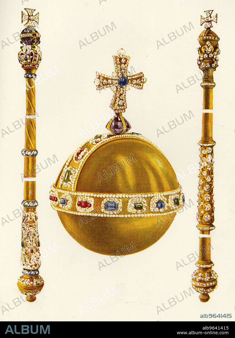 'The Orb and The Sceptres with the Crosses', 1911. Royal regalia used by King George V and his Queen consort Mary of Teck during their coronation in 1911. The Sovereign's Orb and the Sovereign's Sceptre with Cross were made in 1661. The Cullinan I diamond was added to the sceptre in 1910. From "The Book of the Coronation". [Cassell and Company, Ltd., London, 1911].