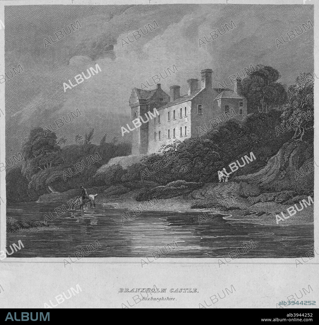 'Branxholm Castle, Roxburghshire', 1814. From The Border Antiquities of England and Scotland, Vol. II, by Walter Scott, Esq. [Longman & Co., London, 1814].