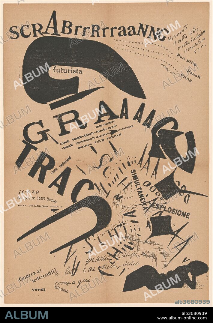 In the Evening, Lying on Her Bed, She Reread the Letter from Her Artilleryman at the Front (Le Soir, couchée dans son lit, elle relisait la lettre de son artilleur au front), published in Les Mots en liberté futuristes. Artist: Filippo Tommaso Marinetti (Italian, born Egypt, Alexandria 1876-1944 Bellagio, Italy). Dimensions: 13 3/4 x 9 1/8 in.  (34.9 x 23.2 cm). Date: Created 1917, published 1919.
In 1909 Marinetti published "The Manifesto of Futurism," in which he called for a revolutionary art that would reflect the sounds, images, and dynamism of modern life. He soon developed parole in libertà (words-in-freedom), a radical form of writing based on the destruction and reconfiguration of words and sounds. These collage-poems contained dispersed text, fragmented words, onomatopoeias, and distorted letters. This particular work is an example of Marinetti's tavole parolibere (free-word pictures), in which he mixed innovative typography with imagery to create a kind of visual and aural cacophony. As the woman depicted in silhouette reads a note from "her artilleryman," fragments of words both real and constructed, and distorted in size, shape, and form, thunder above her, reflecting the sounds of the war as well as the Futurists' fight against convention.