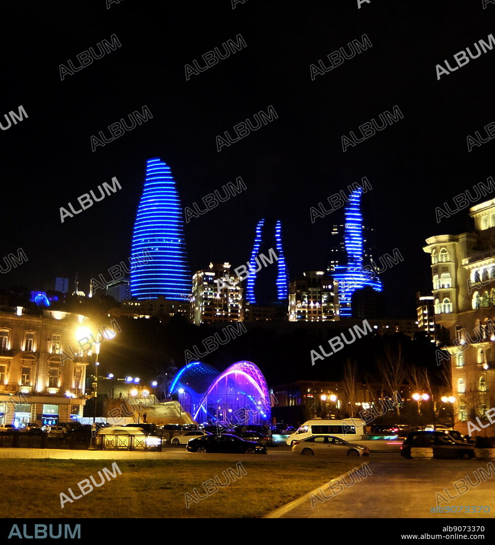 Flame Towers, a trio of skyscrapers in Baku, Azerbaijan. with a height of 182 m (597 ft). the Towers symbolize the long history of fire worshippers that considered Azerbaijan as a birthplace for the prophet Zoroaster. The buildings consist of 130 residential apartments over 33 floors, a hotel tower that consists of 250 rooms and 61 serviced apartments, and office blocks. Construction began in 2007, with completion in 2012. HOK was the architect for the project, DIA Holdings served as the design-build contractor, and Hill International provided project management.