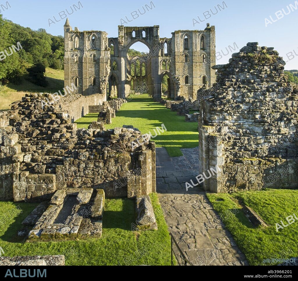 Rievaulx Abbey, North Yorkshire, c2015. View of the church from the west, showing the north and south transepts, the nave in the centre and the Galilee Porch in the foreground. The abbey was one of the foremost Cistercian monasteries in medieval Britain.