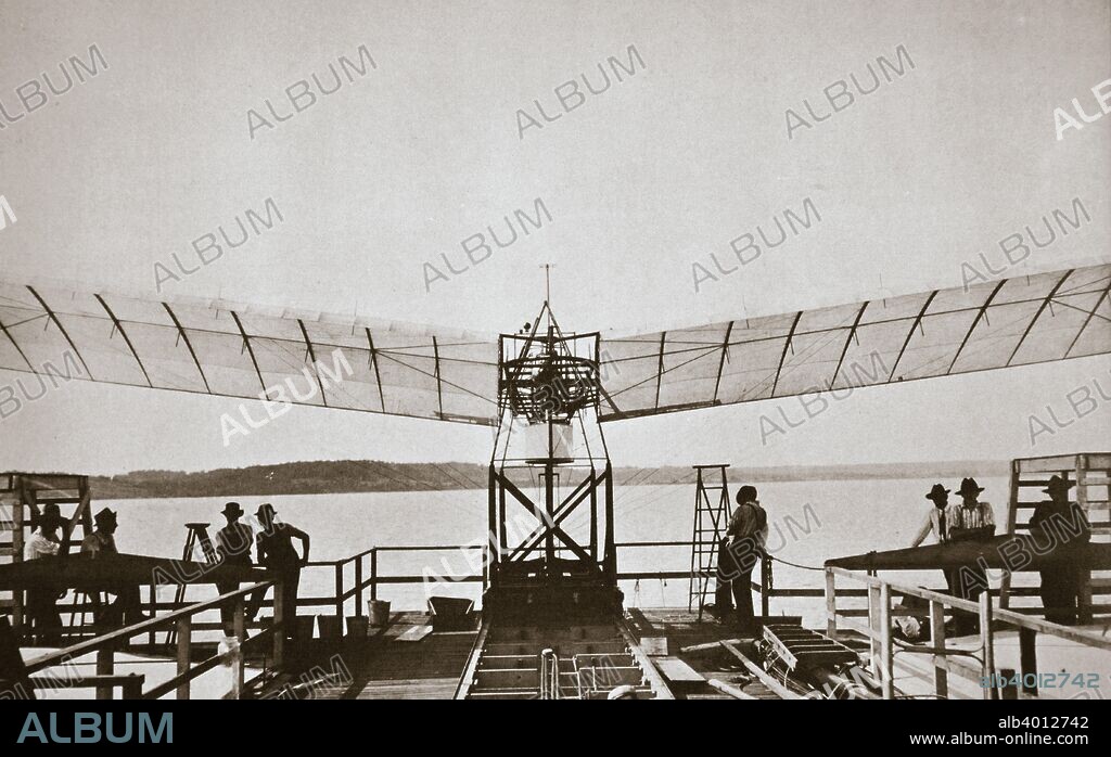 Professor Samuel P Langley's aeroplane, 1903. Samuel Pierpoint Langley (1834-1906) was an American astronomer and aeronautical pioneer. He designed and built model aircraft, one of which succeeded in flying 3/4 of a mile in 1896, 10 times further than any previous flight by a heavier-than-air flying machine. After another successful trial, he was given a grant of $50,000 from the War Department, together with a further $20,000 from the Smithsonian to develop a full-sized manned aeroplane, which he called the 'Aerodrome'. Launched from a catapult on the banks of the Potomac River, the aircraft made its maiden flight on 7 October 1903 with Charles Manly at the controls. It crashed and after a further failure in December, Langley gave up on the project.